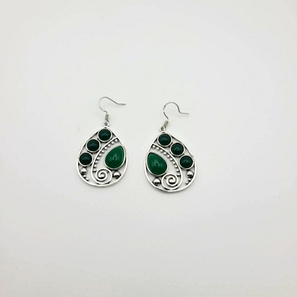 Silver Tone and Faux Jade Teardrop  Earrings